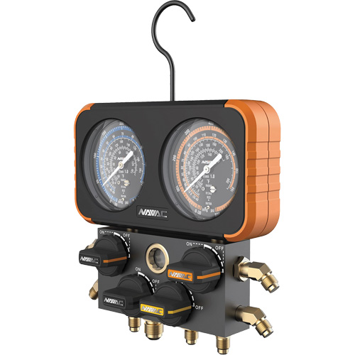  ID538 Impact-Resistant Four-Valve Manifold Gauge with 4 Hoses, 3-1/8" , 500 - 800 psi, Bottom Mount, Analogue