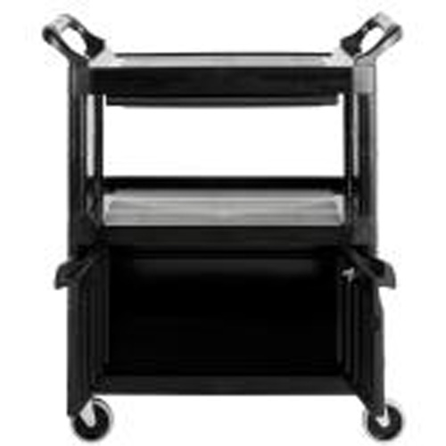 Rubbermaid FG345700BLA Service Utility Cart with Cabinet, 2 Tiers, 33-5/8" x 37-4/5" x 18-5/8", 200 lbs. Capacity