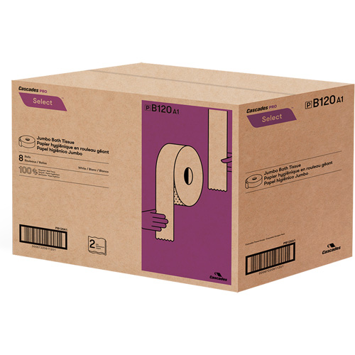 Cascades B120 Pro Select&reg; Toilet Paper, Jumbo Roll, 2 Ply, 900' Length, White