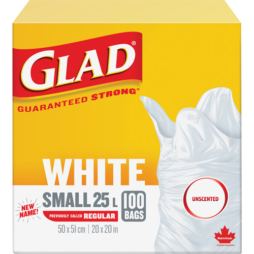 Glad 67489302971 Small 25L Unscented Garbage Bags, Regular, 20" W x 20" L, White