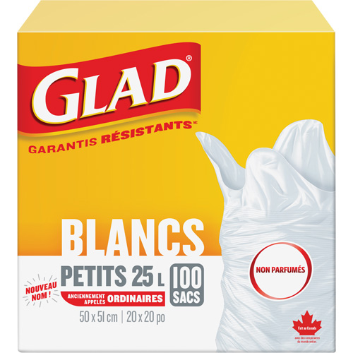 Glad 67489302971 Small 25L Unscented Garbage Bags, Regular, 20" W x 20" L, White