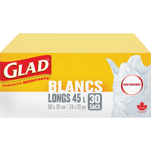 Glad 67489302988 Sacs &agrave; ordures hauts 45 L sans parfum, R&eacute;gulier, 24" la x 28" lo, Blanc