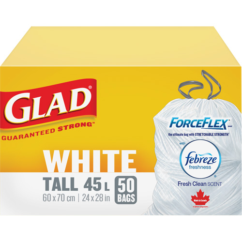 Glad 67489303008 Sacs &agrave; ordures hauts 45 L avec Febreze, R&eacute;gulier, 24" la x 28" lo, Blanc