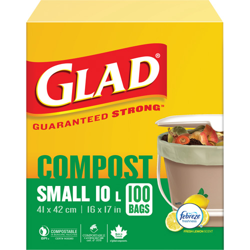 Glad 67489302650 Small Compostable Bags, Regular, 17" L x 16" W, Brown, 10 L (3 Gal.) Capacity
