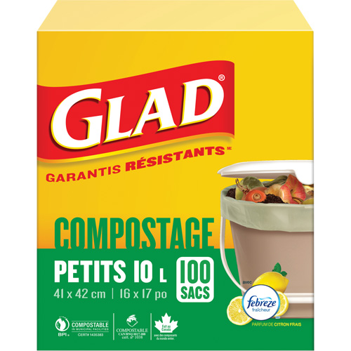 Glad 67489302650 Small Compostable Bags, Regular, 17" L x 16" W, Brown, 10 L (3 Gal.) Capacity