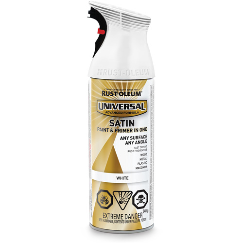 Rust-Oleum 246436 Peinture-&eacute;mail et couche de fond Universal, Blanc, Satin, Canette a&eacute;rosol