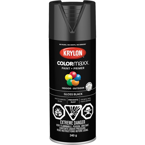 Krylon Industrial 455050007 COLORmaxx Paint + Primer, Black, Gloss, 12 oz., Aerosol Can