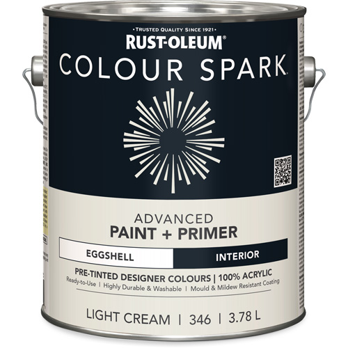 Rust-Oleum 374073 Colour Spark Interior Pre-Tinted Paint + Primer Wall Paint, White Cotton, Semi-Gloss, 3.78 L, Gallon
