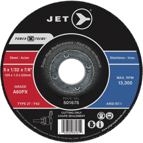 JET 501672 A46PX Power-Xtreme Cut-Off Wheel, 5" x 0.062", 7/8" Arbor, Type 27, 13300 RPM