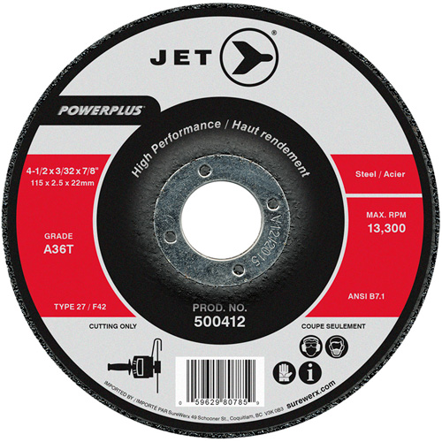 JET 500412 A36T Powerplus Cut-Off Wheel, 4-1/2" x 3/32", 7/8" Arbor, Type T27, 13300 RPM