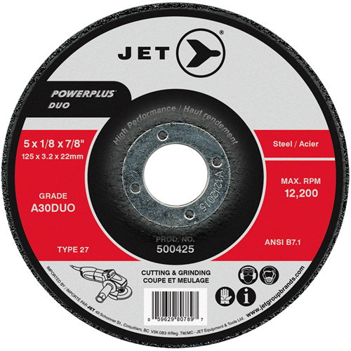 JET 500425 Meule/disque de coupe POWERPLUS DUO, 5" x 1/8", Arbre de 7/8", Type 27, Grain de A30DUO