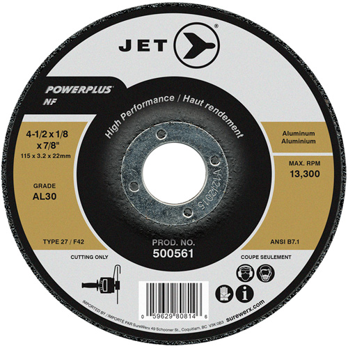 JET 500561 Powerplus NF Cutting Wheel, 4-1/2" x 1/8", 7/8" Arbor, Type 27