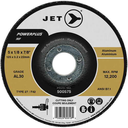 JET 500575 AL30 POWERPLUS NF Cutting Wheel, 5" x 1/8", 7/8" Arbor, Type 27, 12200 RPM
