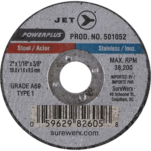 JET 501052 POWERPLUS Cut-Off Wheel, 2" x 1/16", 3/8" Arbor, Type 1, 38200 RPM