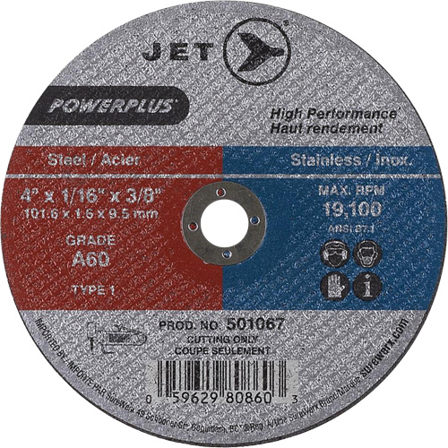JET 501067 A60 POWERPLUS Cut-Off Wheel, 4" x 1/16", 3/8" Arbor, Type 1, 19100 RPM