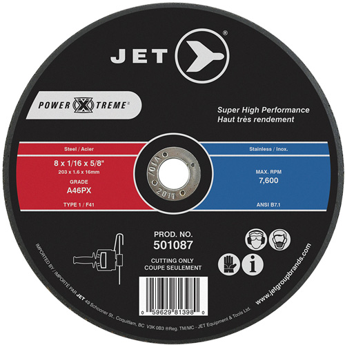 JET 501087 POWER-XTREME Cut-Off Wheel, 8" x 1/16", 5/8" Arbor, Type 1, 7600 RPM