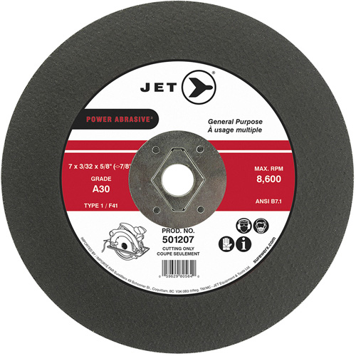 JET 501207 Disque abrasif de tronçonnage, 7" x 3/32", Arbre de 5/8", Type 1, 8600 Tr/min