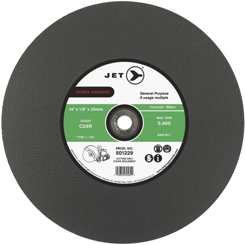 JET 501221 Power Abrasive Cut-Off Wheel, 12" x 1/8", 20 mm Arbor, Type 1, 6370 RPM