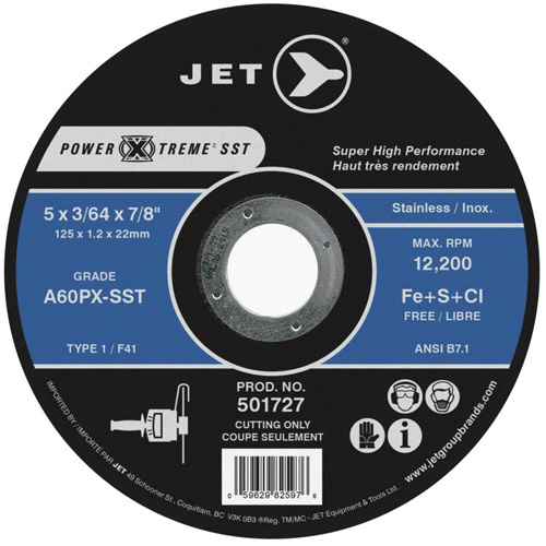 JET 501722 Power-Xtreme SST Cut-Off Wheel, 4-1/2" x 3/64", 7/8" Arbor, Type 1, 13300 RPM