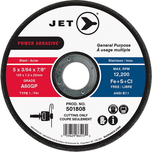 JET 501808 A60GP Power Abrasive Cut Off Wheel, 5" x 0.045"/3/64", 7/8" Arbor, Type 1/F41, 12000 RPM