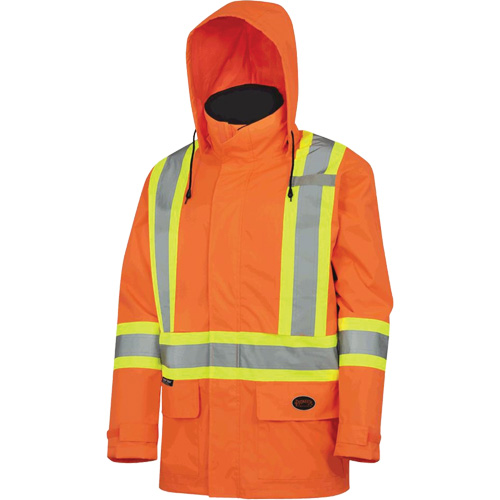 Pioneer V1090150-L 5594 Lightweight Waterproof Safety Jacket with Detachable Hood, Polyester, High Visibility Orange, Large
