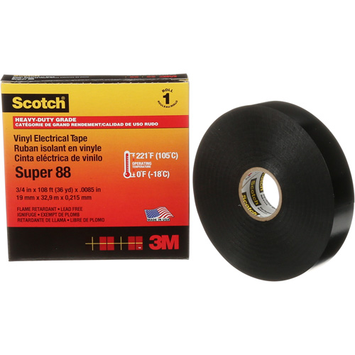 3M SUPER88-3/4X36 Ruban isolant Super 88 de calibre professionnel Scotch, 19 mm (3/4") la x 32,9 m (108') lo, 8,5 mils, Noir