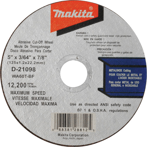 Makita D-21098 Thin Kerf Cut-Off Wheel, 5" x 3/64", 7/8" Arbor, Type 1, Aluminum Oxide, 12200 RPM