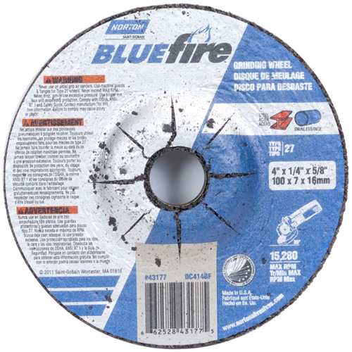 Norton 66252843177 BlueFire&reg; Depressed Center Wheel, 4" x 1/4", 5/8" Arbor, Type 27, Zirconia Alumina, 15280 RPM