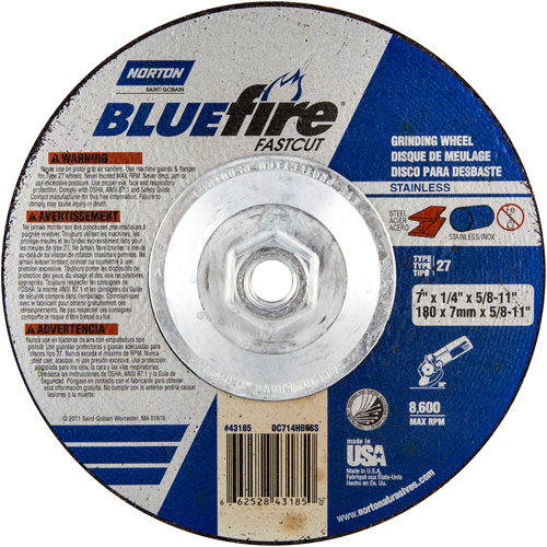 Norton 66252843185 Bluefire&reg; Depressed Centre Wheel, 7" x 1/4", 5/8"-11 Arbor, Zirconia Alumina, Type 27