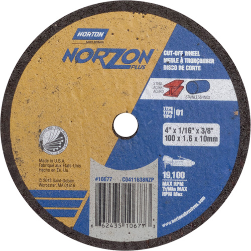 Norton 66243510677 Meules &agrave; tronçonner renforc&eacute;es portatives de petit diam&egrave;tre - Norzon Plus, 4" x 1/16", Arbre de 3/8", Type 1, C&eacute;ramique/Zirconium, 19100 Tr/min