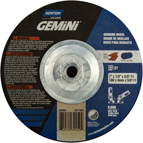Norton 66252939259 Meule &agrave; tronçonner Gemini, 7" x 1/8", Arbre de 5/8"-11, Type 27, Oxyde d'aluminium, 8600 Tr/min