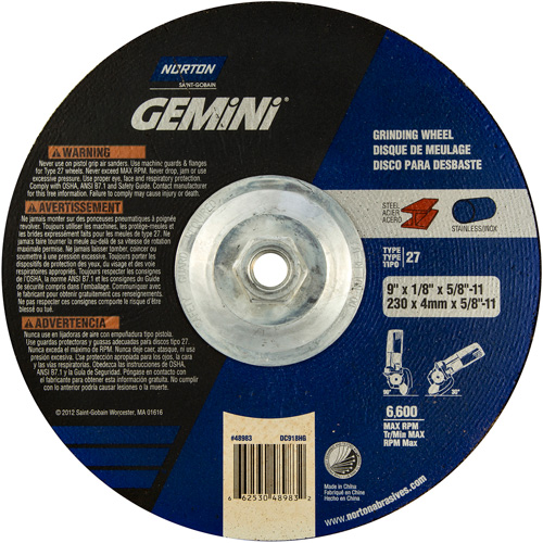 Norton 66253048983 Gemini&reg; Grinding and Cutting Wheel, 9" x 1/8", 5/8"-11 Arbor, Type 27, Aluminum Oxide, 6600 RPM