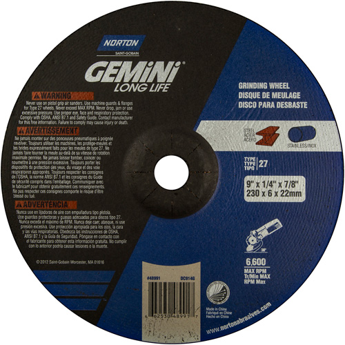 Norton 66253048991 Meule Gemini, 9" x 1/4", Arbre 7/8", Oxyde d'aluminium, Type 27
