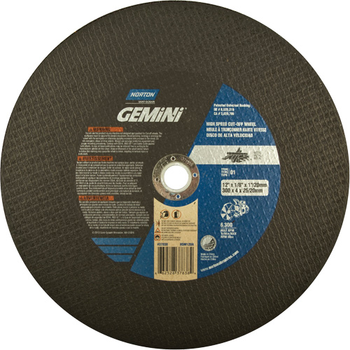 Norton 66252837838 High Speed Reinforced Cut-Off Wheels, 12" x 1/8", 1" Arbor, Type 1, Aluminum Oxide, 6360 RPM