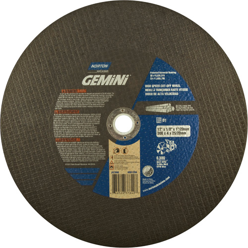 Norton 66252837840 High Speed Reinforced Cut-Off Wheels, 12" x 1/8", 1" Arbor, Type 1, Aluminum Oxide, 6360 RPM