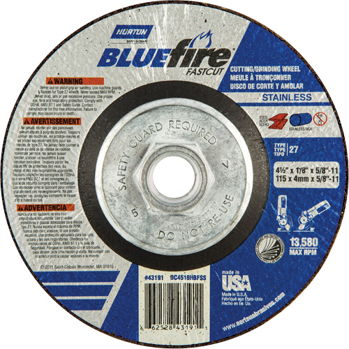 Norton 66252843191 Meules &agrave; tronçonner BlueFire, 4-1/2" x 1/8", Arbre 5/8"-11, Alumine de zirconium, Type 27