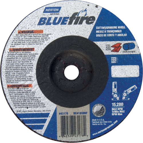 Norton 66252843190 BlueFire&reg; Grinding Wheel, 4-1/2" x 1/8", 7/8" Arbor, Aluminum Oxide/Zirconium, Type 27