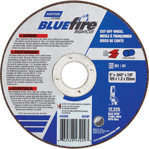 Norton 66252843209 Meule &agrave; d&eacute;couper  Bluefire, 5" x 0,045"/1/16", Arbre de 7/8", Type 01/41, Oxyde d'aluminium/Zirconium, 12225 Tr/min