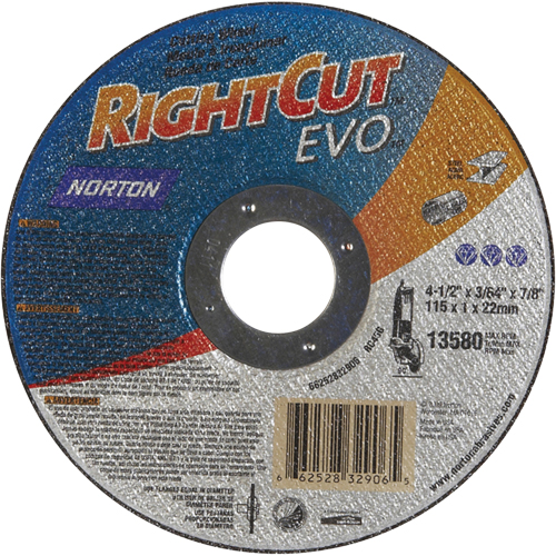 Norton 66252832323 Meules &agrave; tronçonner renforc&eacute;es pour meuleuses &agrave; angle droit - Rightcut Evo, 7" x 0,045", Arbre de 7/8", Type 1, Oxyde d'aluminium, 8730 Tr/min