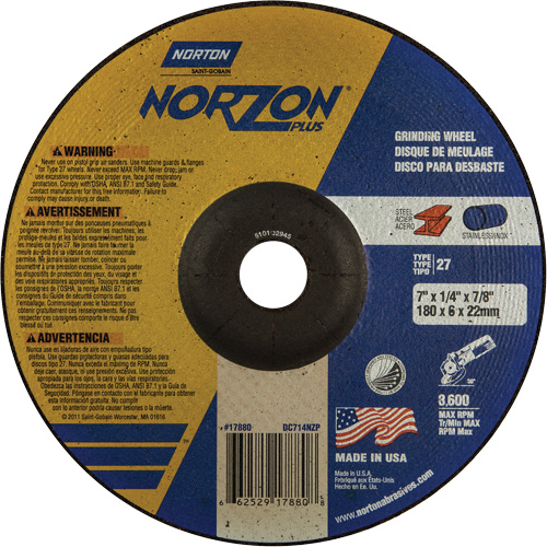 Norton 66252917880 Norzon Plus&reg; Depressed Centre Grinding Wheels, 7" x 1/4", 7/8" Arbor, Ceramic/Zirconium, Type 27