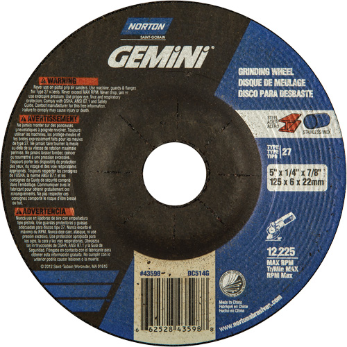 Norton 66252843598 Gemini&reg; Depressed Centre Grinding Wheels, 5" x 1/4", 7/8" Arbor, Aluminum Oxide, Type 27