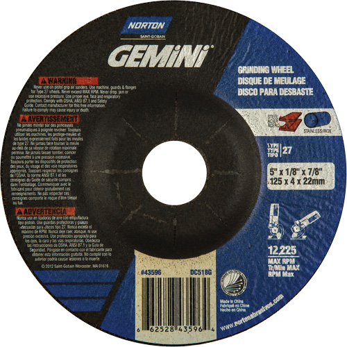 Norton 66252843596 Gemini&reg; Depressed Centre Grinding Wheels, 5" x 1/8", 7/8" Arbor, Aluminum Oxide, Type 27