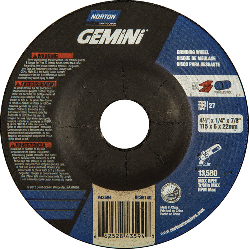 Norton 66252843594 Gemini&reg; Depressed Centre Grinding Wheels, 4-1/2" x 1/4", 7/8" Arbor, Aluminum Oxide, Type 27