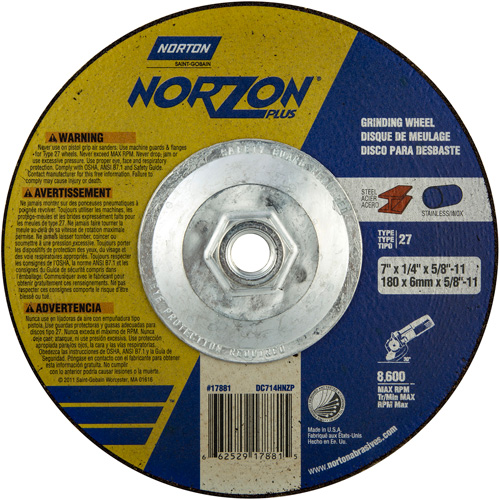 Norton 66252917881 Meules Norzon Plus, 7" x 1/4", Arbre 5/8"-11, C&eacute;ramique d'alumine, Type 27
