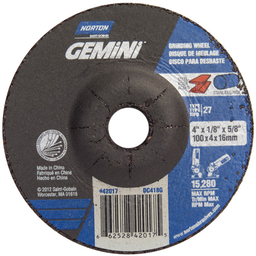 Norton 66252842017 Gemini&reg; All Purpose Mini Cut-Off Wheel, 4" x 1/8", 5/8" Arbor, Aluminum Oxide, Type 27