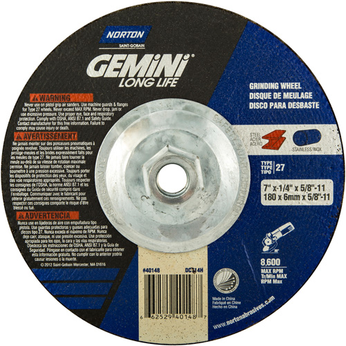Norton 66252940148 Gemini&reg; Grinding Wheel, 7" x 1/4", 5/8"-11 Arbor, Aluminum Oxide, Type 27