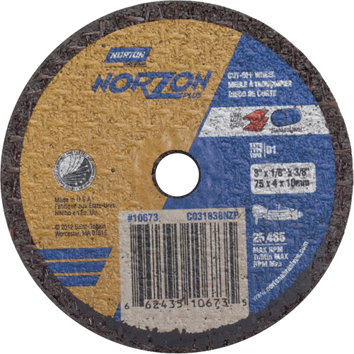 Norton 66243510673 Meules &agrave; tronçonner renforc&eacute;es portatives de petit diam&egrave;tre - Norzon Plus, 3" x 1/8", Arbre de 3/8", Type 1, C&eacute;ramique, 25465 Tr/min