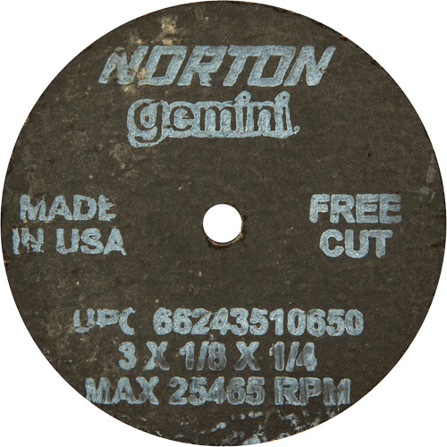 Norton 66243510650 Meules &agrave; tronçonner renforc&eacute;es portatives de petit diam&egrave;tre - Gemini, 3" x 1/8", Arbre de 1/4", Type 1, Oxyde d'aluminium, 25465 Tr/min
