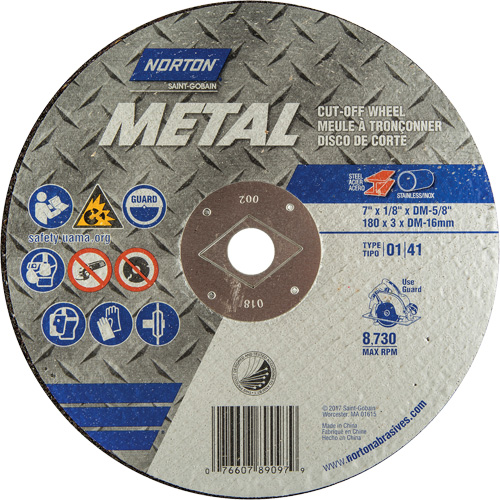 Norton 07660789097 Circular Saw Reinforced Cut-Off Wheels - Masonry & Metal, 7" x 1/8", DM Arbor, Type 1, Aluminum Oxide, 8730 RPM