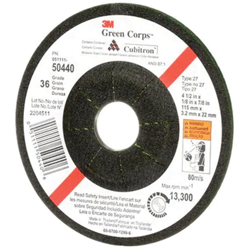3M AB50440 Green Corps Flexible Grinding Wheel, 4-1/2" x 1/8", 7/8" Arbor, Ceramic, Type 27